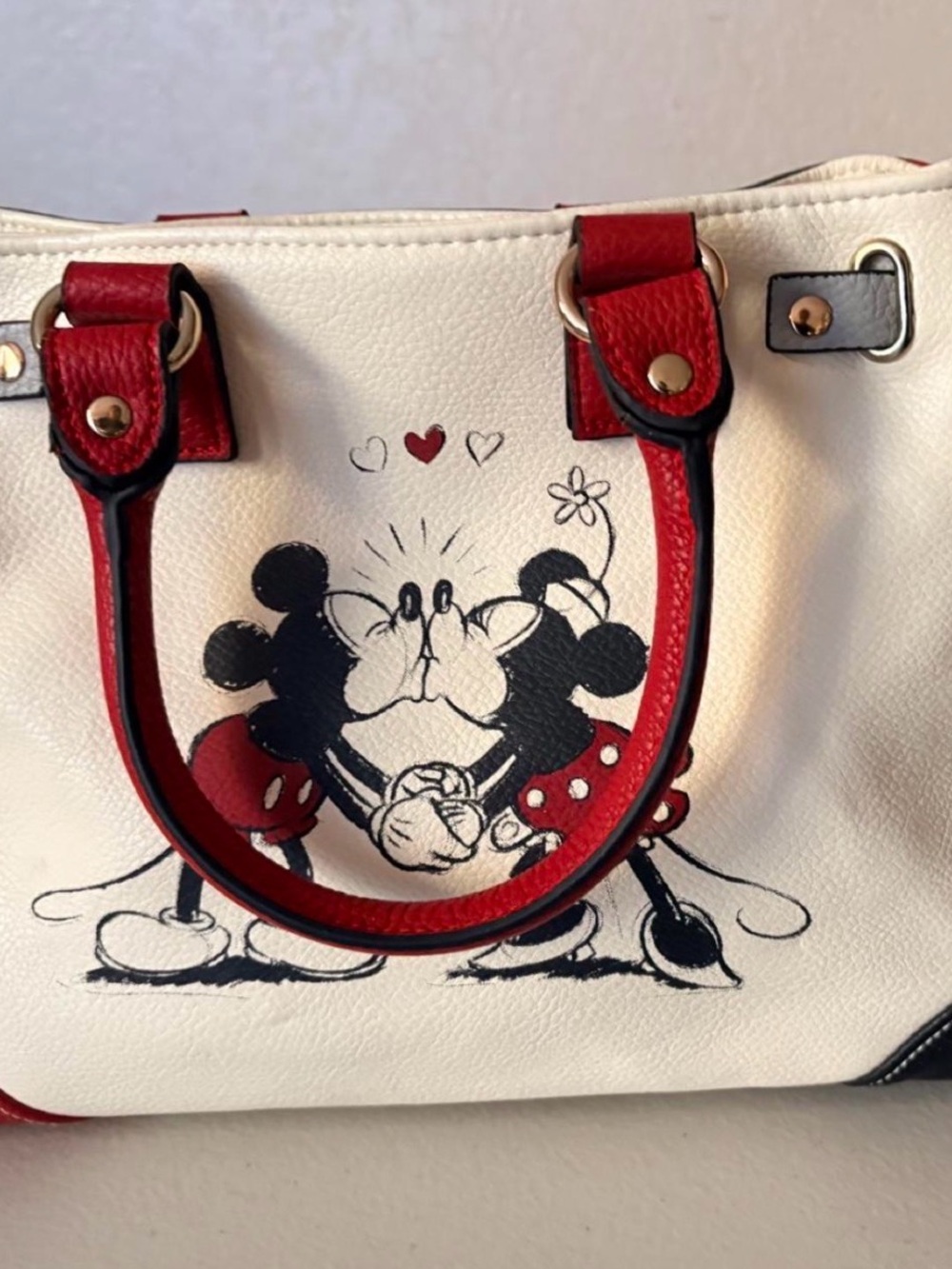 Disney White Satchel with Red Trim and Kissing Mickey Graphic